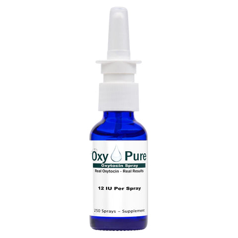 Oxytocin spray EDT bottle with white pump, blue glass, and blue-and-white label