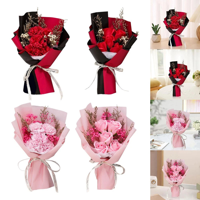 Artificial soap flower bouquet with red and pink faux carnations, wrapped in black and pink paper.