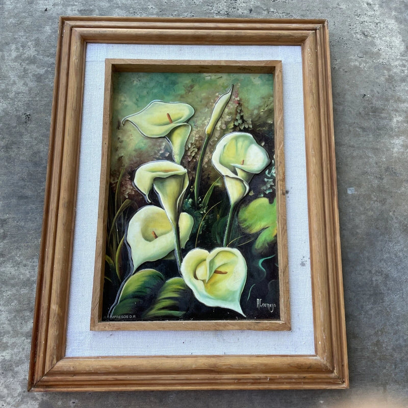 Vtg Print Plastic Board Lily Flowers JLR IMPRESOS D.R Signed Painting Alornejo Lily