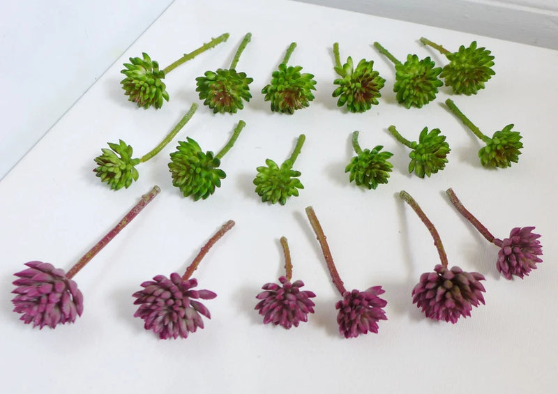 Miniature artificial succulent plants, mix of green and purple with short stems