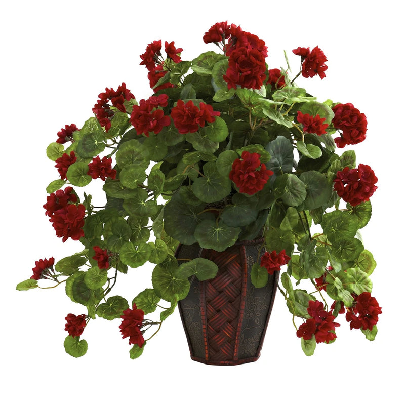 Nearly Natural Geranium W/Decorative Planter Realistic Home Garden Decoration Green Plant