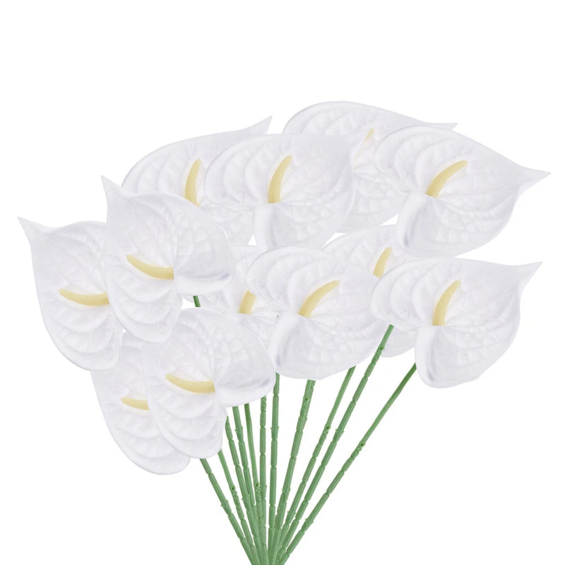 Artificial white anthurium lily flower bouquet with yellow spadix and green stems
