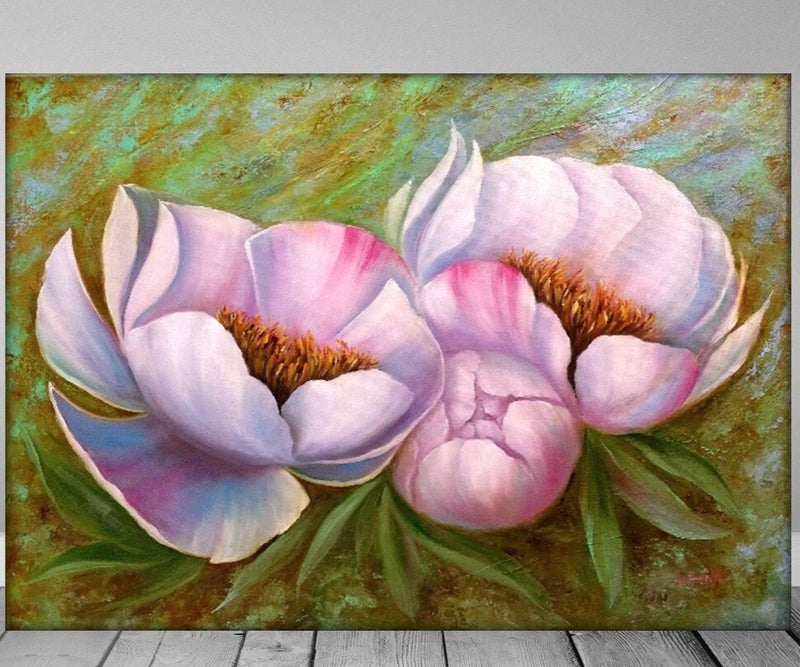 Large textured canvas oil painting of pink peony flowers with green leaves