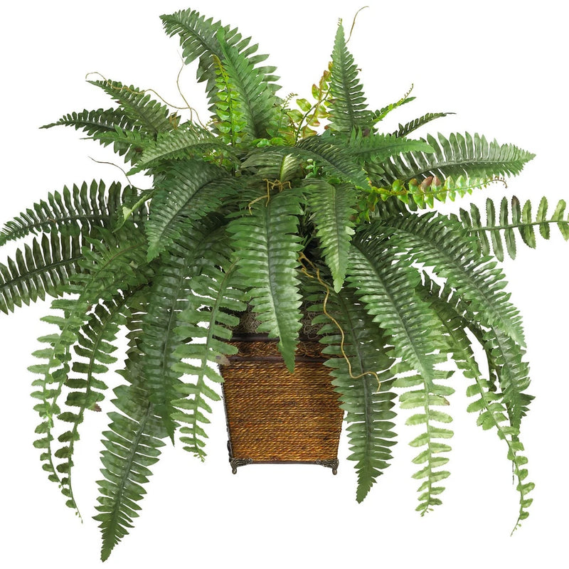 Boston Fern Silk Artificial Plant w/ Wicker Basket Green Plant