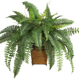 Boston Fern Silk Artificial Plant w/ Wicker Basket Green Plant