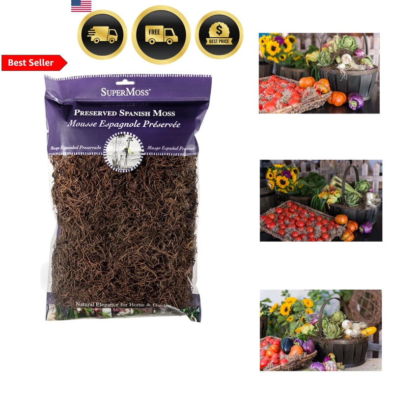 Preserved Spanish moss in sealed bag, dark brown loose strands for decor and crafts