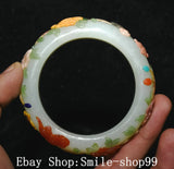 56mm China Natural Hetian Jade Painting Peony Flower Butterfly Bracelet Bangle Peony