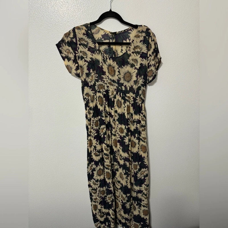 Vintage WomenÕs Nash sunflower maxi summer dress size medium flowy floral tie Sunflower