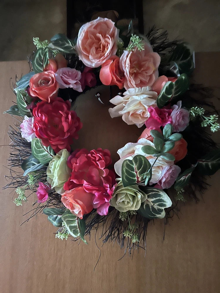 Pink and red peony flower wreath with white blooms and green foliage, 16-inch
