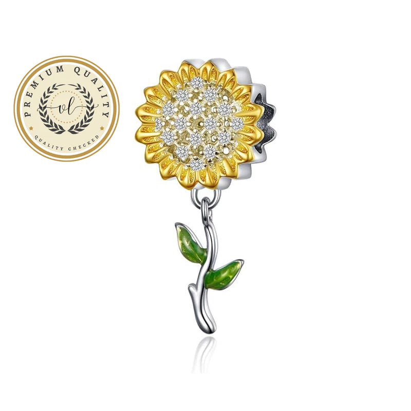 Sunflower bracelet charm with gold-and-silver beaded petals, crystal center, green leaves