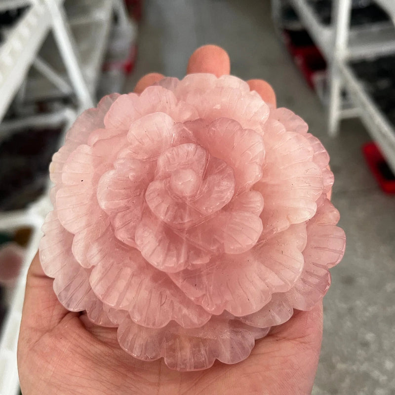 Pink rose quartz carved peony flower crystal, round floral sculpture