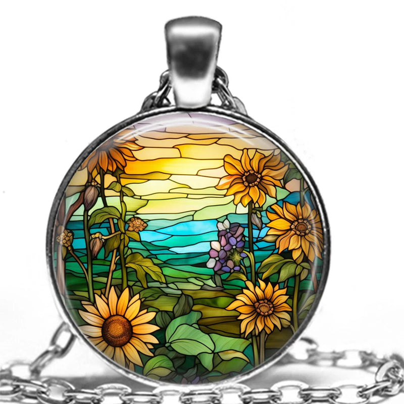 Faux Stained Glass Sunflower Garden Radiating Positivity Flower Pendant Necklace Sunflower