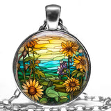 Faux Stained Glass Sunflower Garden Radiating Positivity Flower Pendant Necklace Sunflower
