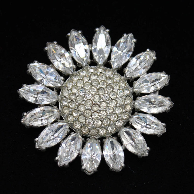 Silver-tone sunflower rhinestone brooch with oval crystal petals and round center