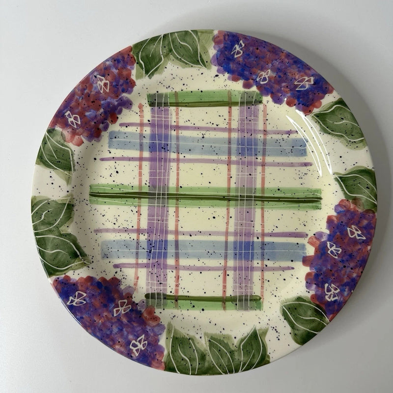 Julie Ueland Hydrangeas by Enesco 10" Dinner Plate Floral Purple Plaid Disc. #8 Hydrangea