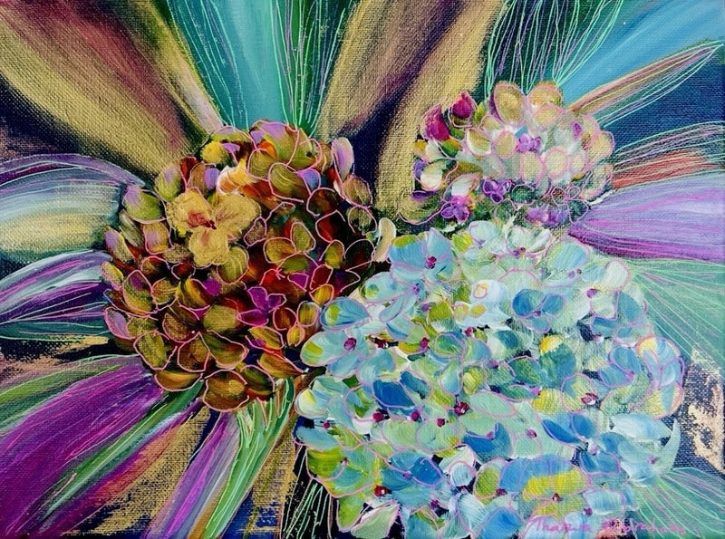 9x12 Original Acrylic Floral Hydrangea Painting Gold Abstract Canvas Art Hydrangea