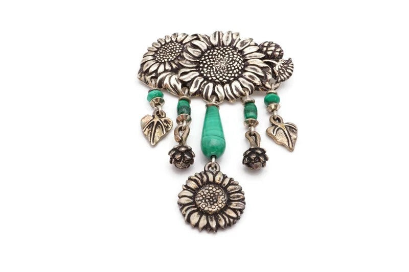 Vintage Brooch Pin Silver Tone Green Glass Bead Sunflower Flower Dangle Sunflower