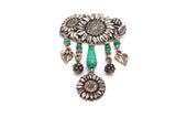 Vintage Brooch Pin Silver Tone Green Glass Bead Sunflower Flower Dangle Sunflower