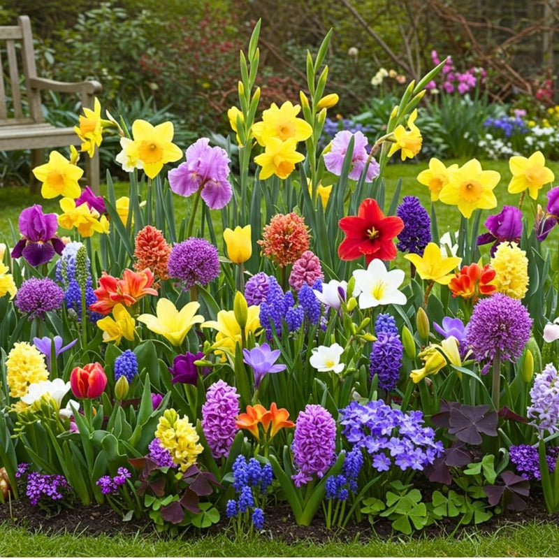 Mixed spring flower bulb garden bed with multicolored blooms and green foliage