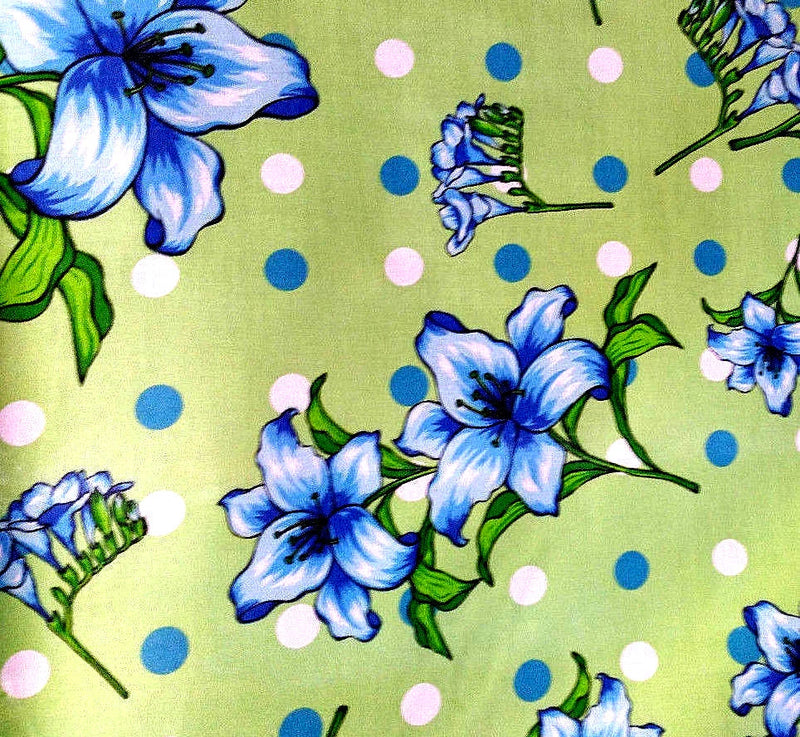 Blue Floral Polka Dot Fabric by the Yard | 58" Cotton Poly Blend Green Print Flowering Plants