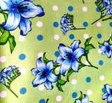 Blue Floral Polka Dot Fabric by the Yard | 58" Cotton Poly Blend Green Print Flowering Plants
