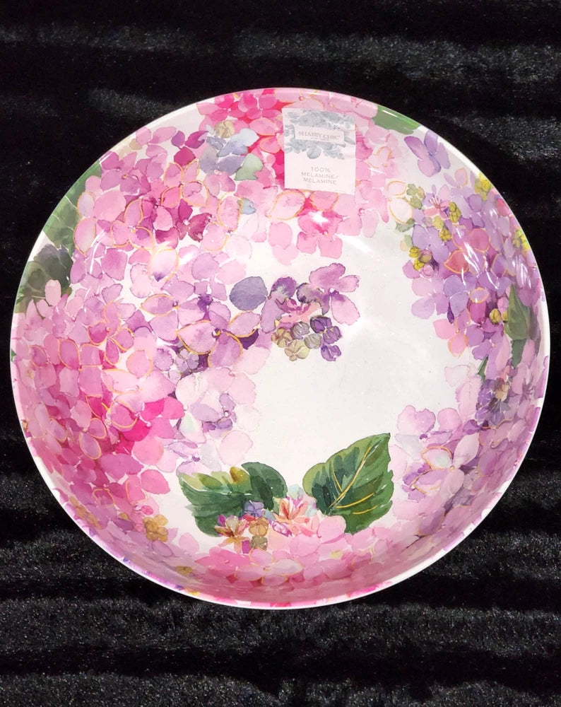 Shabby Chic Floral Hydrangea Pink Lilac Melamine 12" Serving Bowl Spring Shimmer Hydrangea