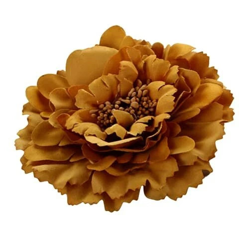 Mustard peony flower hair clip with layered fabric petals and bead center