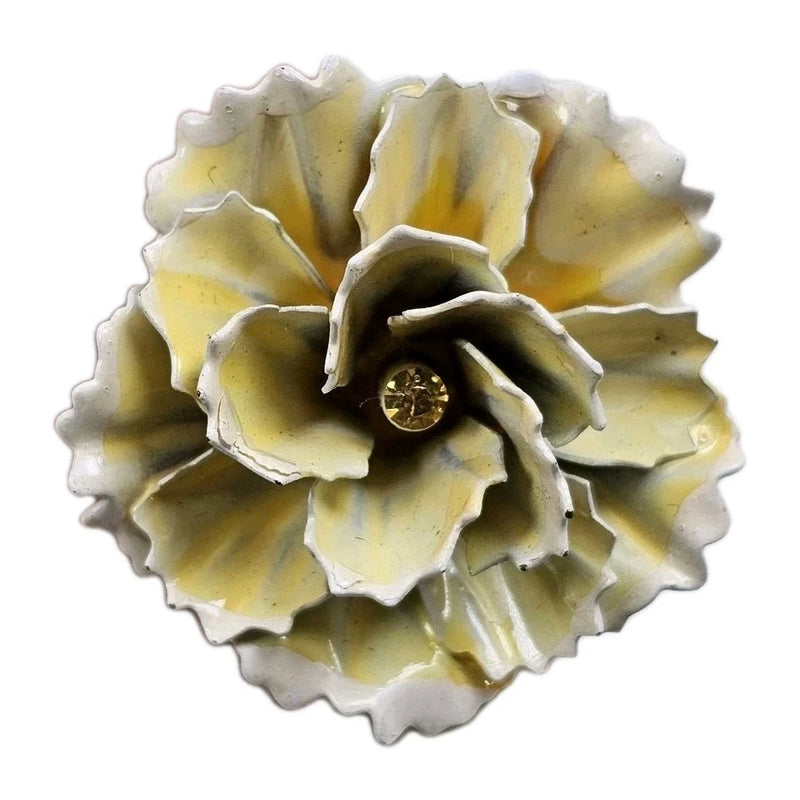 VTG Enamel Carnation Flower Brooch Yellow Green Stem Floral Pin Rhinestone Carnation