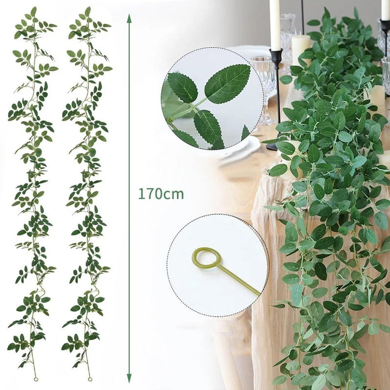 Artificial rose leaf vine greenery decor with cascading green leaves, 170–175cm length