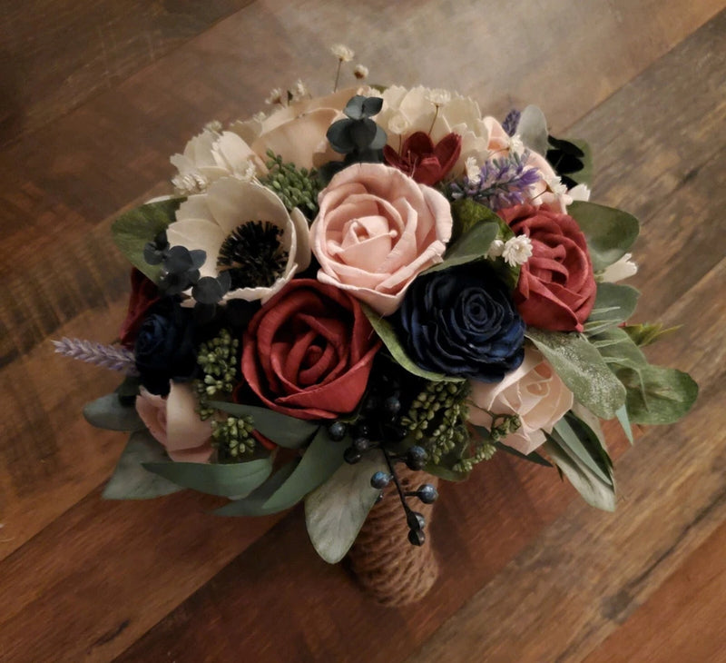 Navy Burgundy Pink Sola Wood Bridal Bouquet Anemone Artificial Wedding Flowers Bouquet