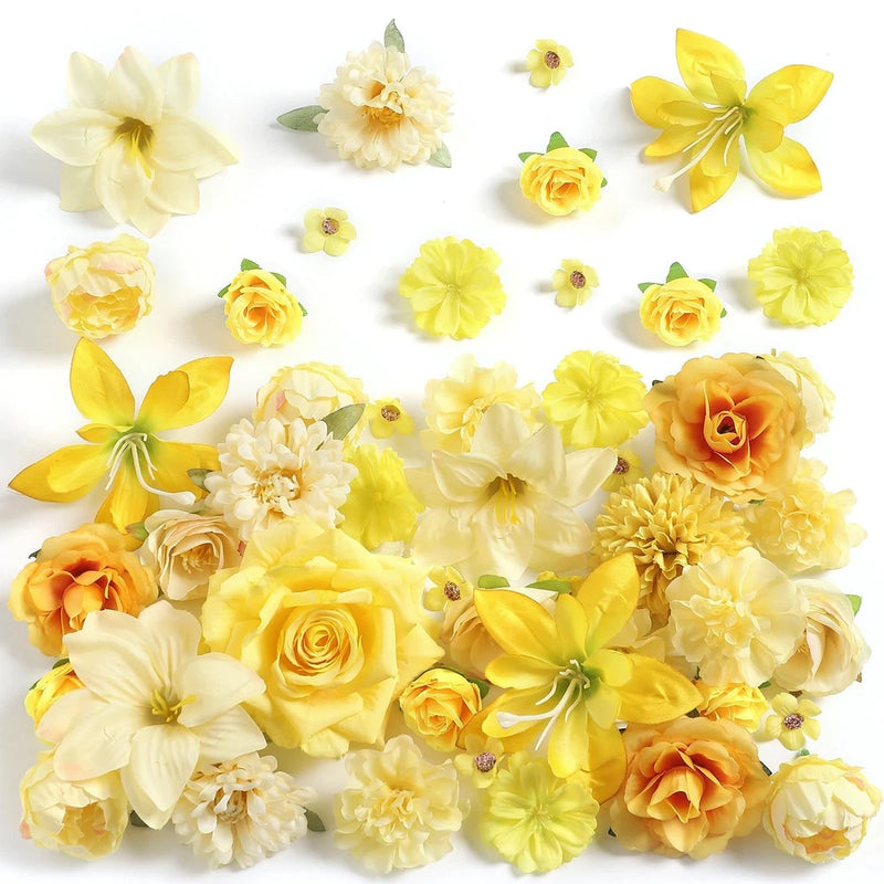 Fake Flower Heads for Crafts - Yellow Silk Artificial Roses, Peonies, Daisies... Peony