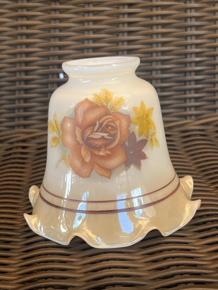 Cream glass ceiling fan light shade with ruffled scalloped edge and painted roses