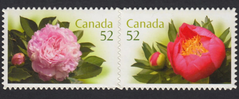 Canada 52-cent stamp pair with pink and red peony flowers, die-cut booklet stamps