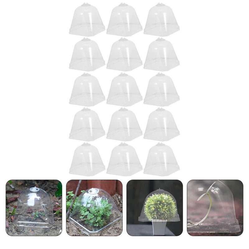 Set of 15 clear plastic bell cloches with domed covers for protecting garden plants
