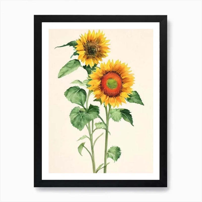 Framed wall art poster with two yellow sunflowers on a light background