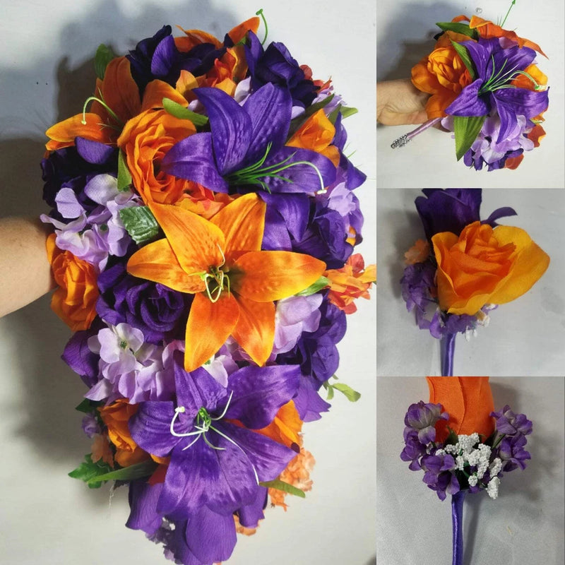 Orange Purple Lavender Rose Tiger Lily Bridal Wedding Bouquet Accessories Bouquet