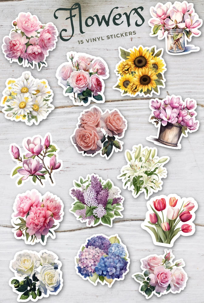 Flowers, Floral, Roses, Magnolias, Peonies, Sunflowers, Vinyl Stickers 15 pcs Sunflower