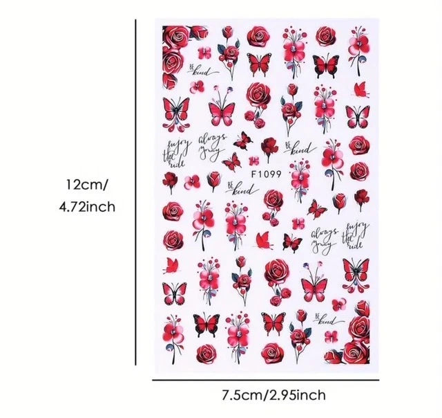 Nail Art Stickers NEW ! BEAUTIFUL RED BUTTERFLIES AND ROSES F1099 Roses