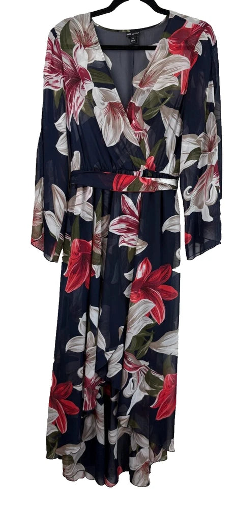 Kate & Lily Maxi Dress Faux Wrap Romantic Sheer Dark Floral Size 8 Summer Peasan Lily