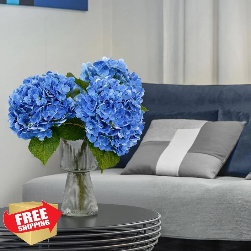 3pc Artificial Dark Blue Hydrangea Flowers, 21", Real Touch Faux, with Butter... Hydrangea