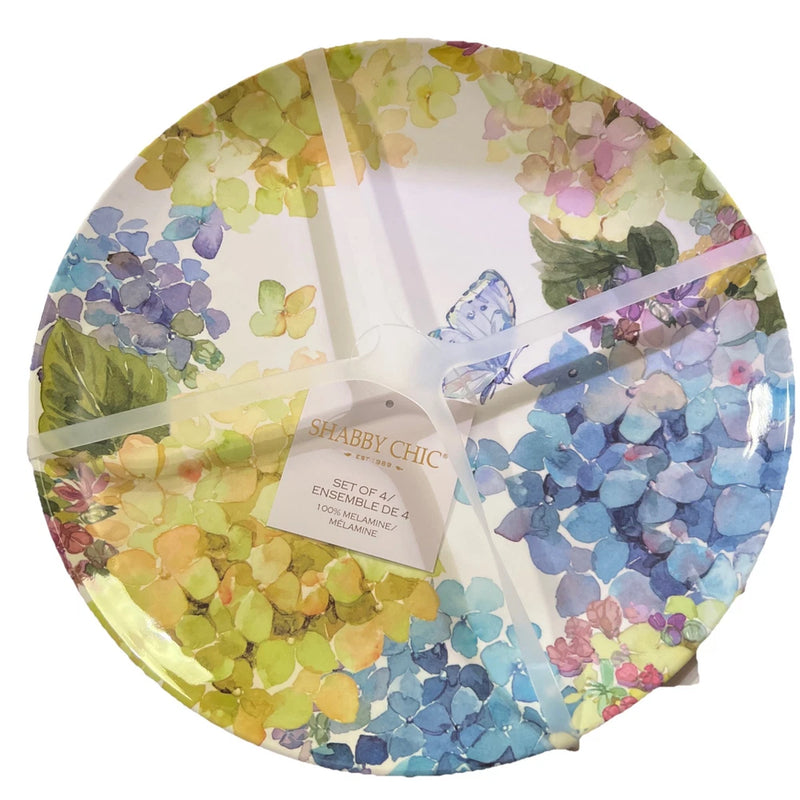 Shabby Chic Blue Hydrangea Butterfly FLORAL  MELAMINE  Dinner Plates Set 4 NEW Hydrangea