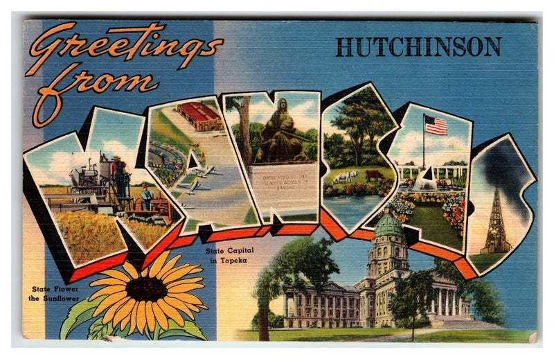 Greetings From Hutchinson Kansas Linen Postcard 1945 State Capitol Sunflower Sunflower