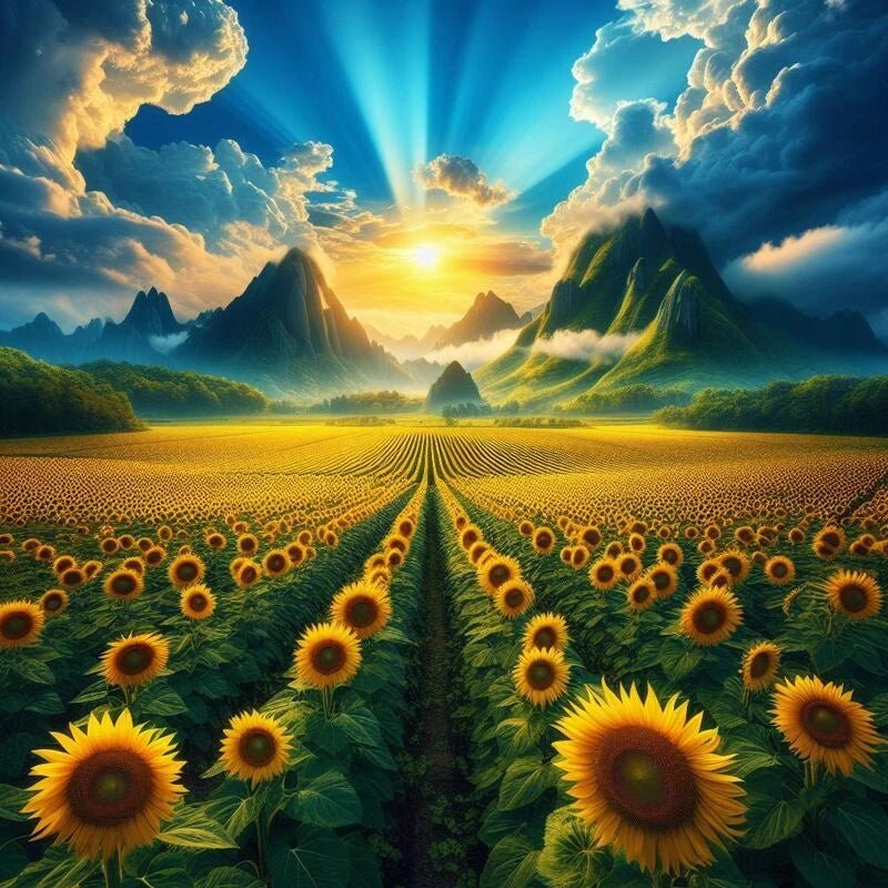 Huge Field of Sunflowers Sunflower Meadow Sunrise Mountains Poster Print 24 x 24 Sunflower