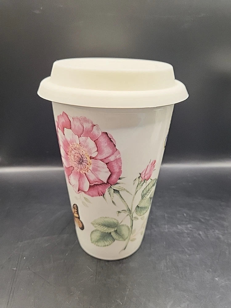 Lenox Butterfly Meadow Ceramic Thermal Travel Mug Butterflies Flowers Hydrangeas Hydrangea