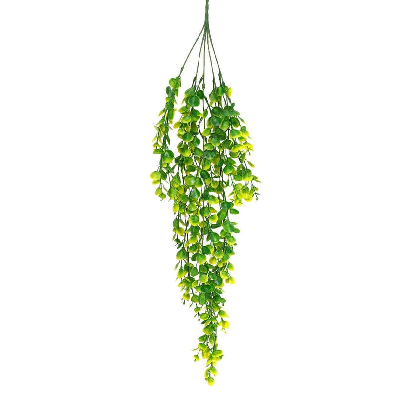 Artificial hanging flower vine with dense green leaf clusters on long stems