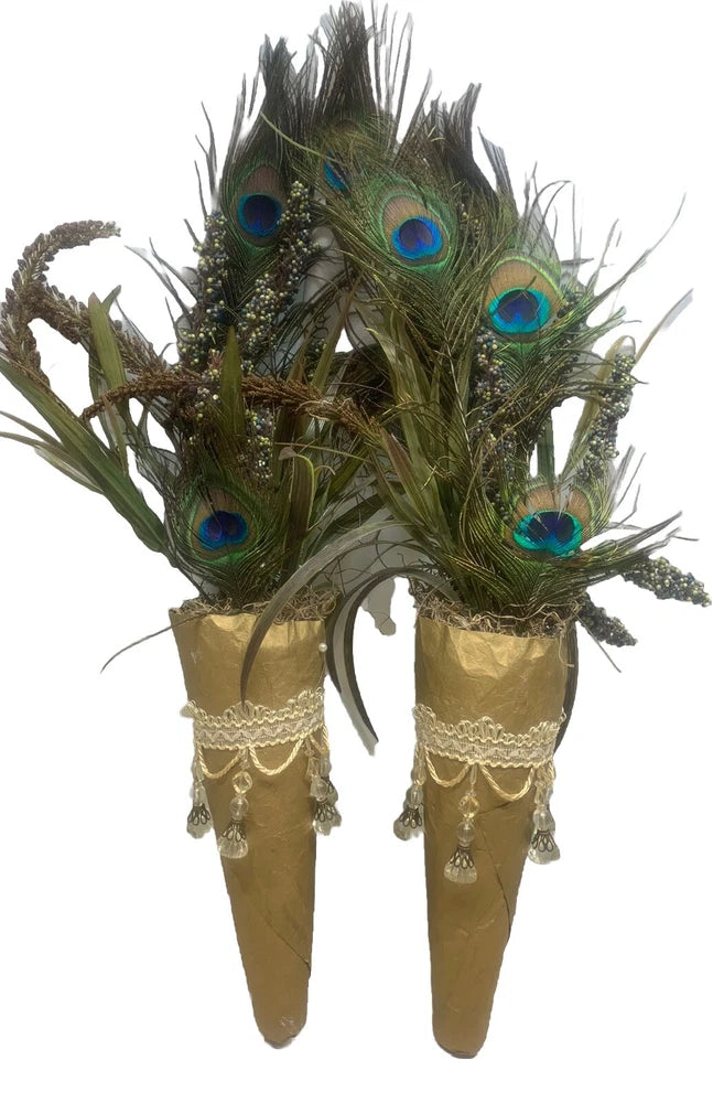 Handmade Peacock Feather Bouquet Cone Pair 24"Gold/Multicolor Tassels Jewels Bouquet