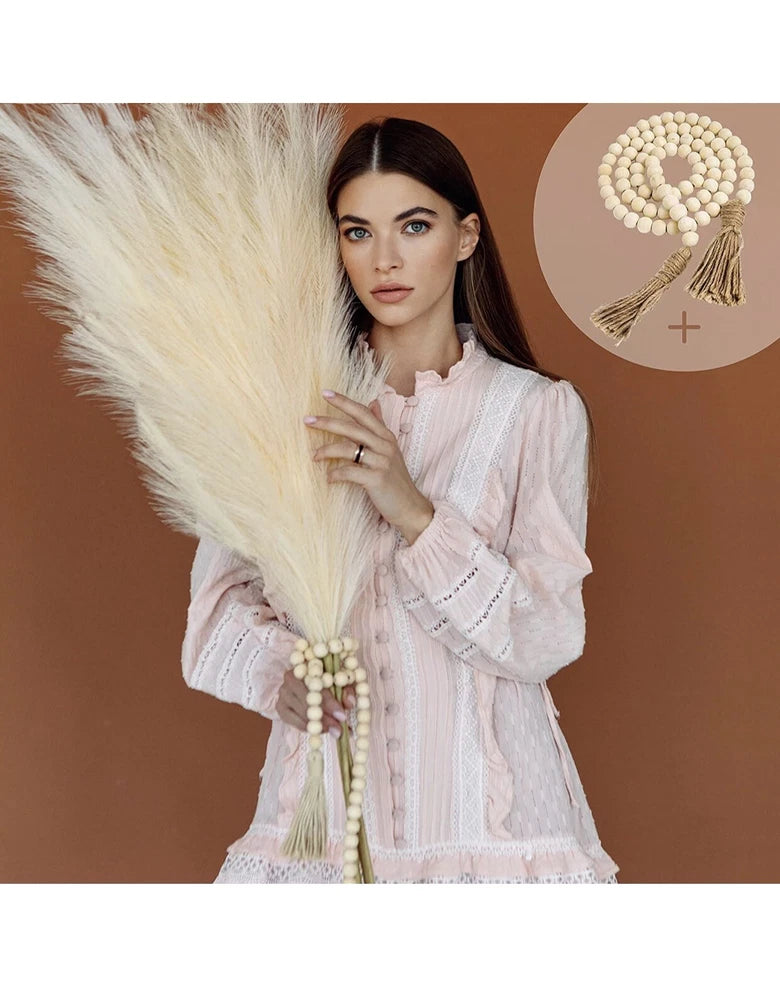 Pampas Grass Decor 3 Steams Tall & Boho Farmhouse Beads Wood 43in Pampas Grass