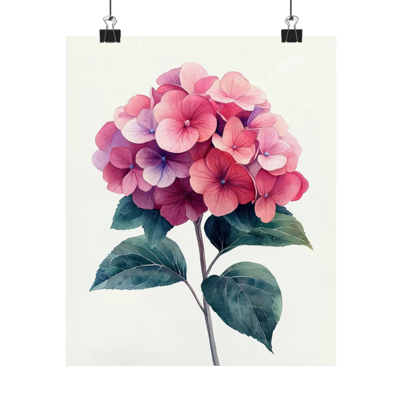 Pink hydrangea flower art print poster with green leaves, floral wall decor