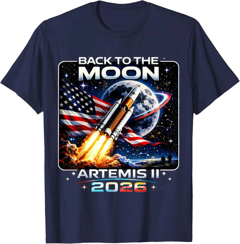 Navy unisex tee with rocket 'Back to the Moon' and Artemis II 2026 graphic