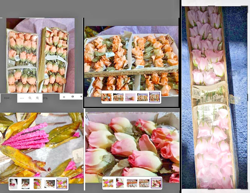 Vintage boxed rose flowers set with pearl sticks, pastel pink and peach blooms